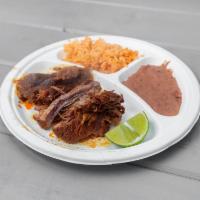 Birria Plate · Birria with a side of beans and rice and side of tortillas and salsa.