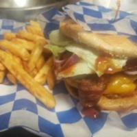KC BBQ BURGER · Crispy bacon, lettuce, tomato, pickles, cheddar cheese, house BBQ sauce, and a crispy onion ...
