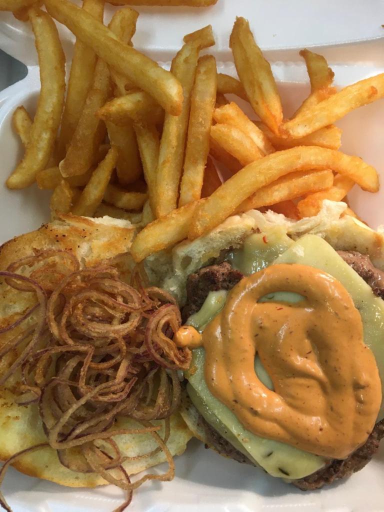 Chipotle Burger Platter  · Topped with pepper jack, frizzled onions and chipotle mayo on toasted roll.