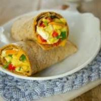 Veggie Omelette Wrap · Two large farm-fresh eggs with peppers, onions, mushrooms and spinach on a wrap.
