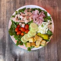 Chef Salad · Blend of green leaf and romaine lettuce, ham, turkey, cucumber, tomatoes, mozzarella cheese,...