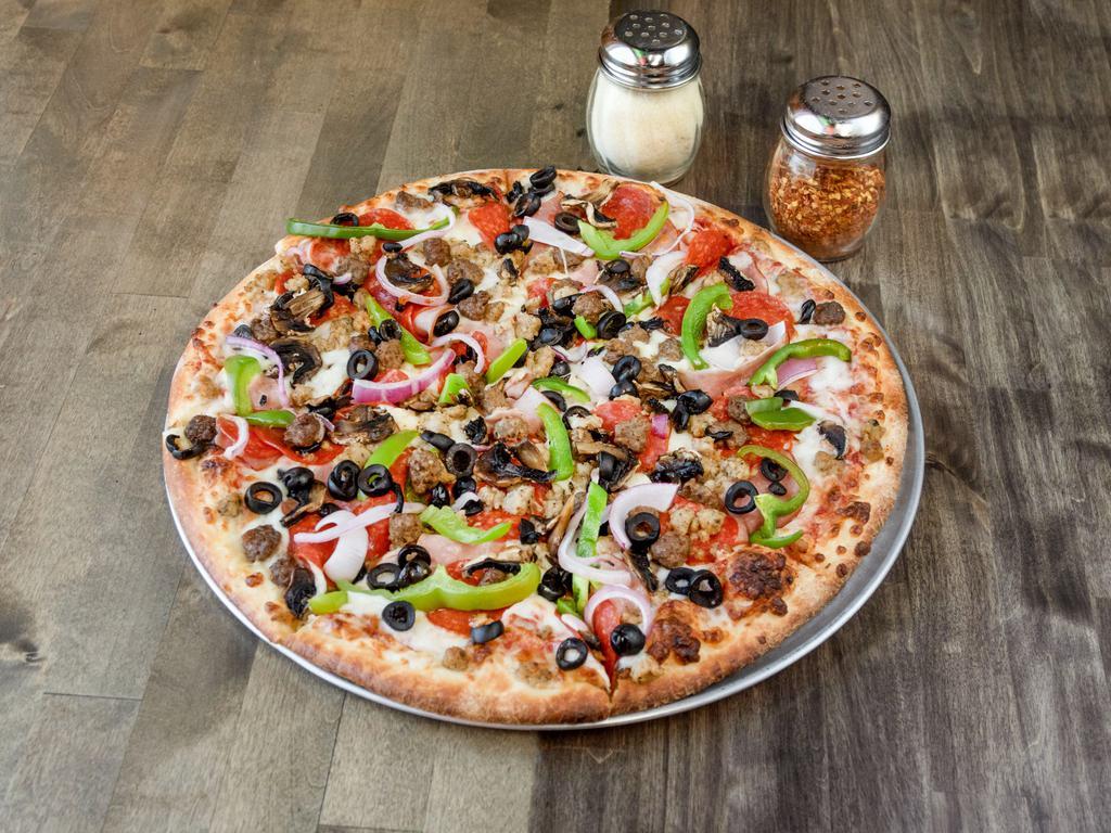 Supreme Pizza · Red sauce, mozzarella, pepperoni, ham, beef, sausage, mushrooms, green peppers, black olives, and onions.