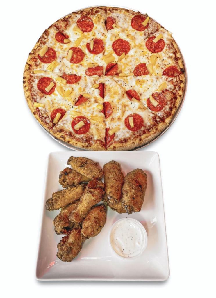 #3 Pizza and Wings Combo · One 2 toppings pizza, 1 LB wings, ranch not included