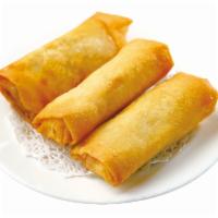 Spring roll （vegetable) 蔬菜春卷 · 3 Pieces Vegetable spring roll filled with cabbage, carrots,bean thread vermicel7li,green be...