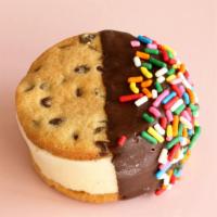 Homemade Ice Cream Sandwich · Homemade Vanilla Vanilla ice cream between two gluten-free chocolate chip cookies dipped in ...