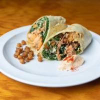 Bangin Blackened Salmon Burrito · caesar dressing, kale, shaved radish, fried capers and chickpeas (real seafood)