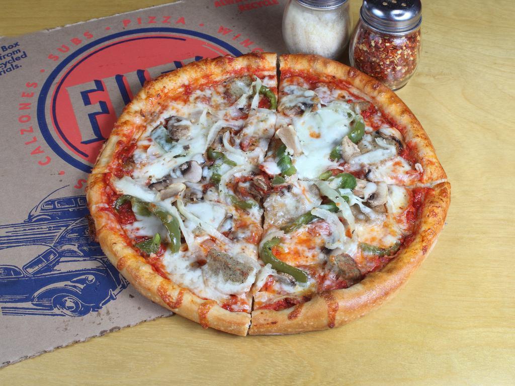 Whole Engine Pizza · Our famous sauce with mild Italian sausage, mouth watering meatballs, pepperoni, roasted onions, green peppers, roasted peppers & fresh mushrooms. Topped off with our great mozzarella.