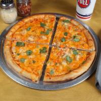 Buffalo Chicken Pizza · Buffalo sauce, roasted chicken, celery, carrots, cheddar, mozzarella, bleu cheese and cilant...
