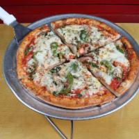 Garden Veggie Pizza · Tomato sauce, spinach, tomatoes, garlic herb cheese, green peppers, mushrooms, mozzarella an...