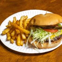 Burger · 1/3 lb. all beef patty grilled to perfection topped with lettuce, tomato, red onion and cris...