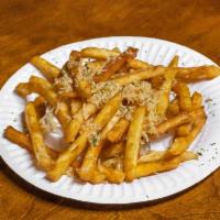 Garlic Parmesan Fries · Crispy golden fries tossed in our delicious fresh garlic and herb blend, shredded Parmesan c...