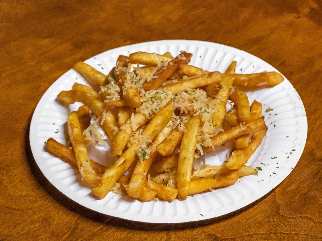 Garlic Parmesan Fries · Crispy golden fries tossed in our delicious fresh garlic and herb blend, shredded Parmesan cheese served with our house-made fry sauce and ranch.