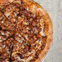 BBQ Chicken Pizza · Lots of BBQ sauce, chicken marinated in BBQ sauce and mozzarella cheese. 