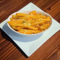 Garlic Parmesan Fries · Crispy Coated Fries tossed in our Homemade Garlic Parmesan Blend