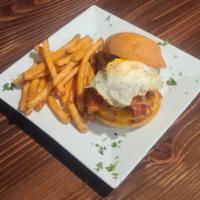 Humpty dumpty burger · Oozing with Double Cheddar Cheese, Bacon, Onion Crisps and Topped with a Sunny Side Over Eas...