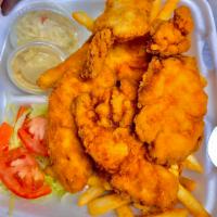 5 Pieces Chicken Finger Platter · Served with French fries, Cold slaw, Lettuce, tomatoes and Garlic bread