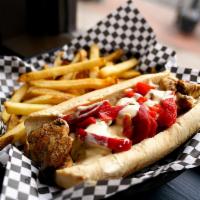 CSP Spiedie Philly · Marinated chicken, grilled peppers and onions, queso, hoagie roll