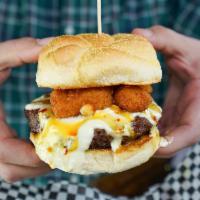 Sal's Special Burger · Deep fried cheese curds, sassy blue sauce, slaw, on a brioche bun 