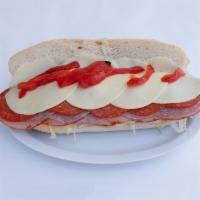 Godfather Sandwich · Ham cappy, Genoa salami, pepperoni, provolone lettuce and tomafoes, roasted peppers and oil ...