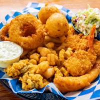Fried Seafood Platter  · Fried Fish, Whole Clams, Clam Strips, Shrimp, Bay Scallops, Fries and Coleslaw. 