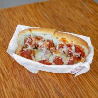 Meatball and Cheese Sandwich · Sandwich with seasoned meat that has been rolled into a ball. 