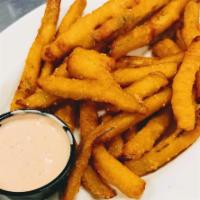 Pickle Fries · Fried Pickle Fries, served with sriracha ranch dipping sauce