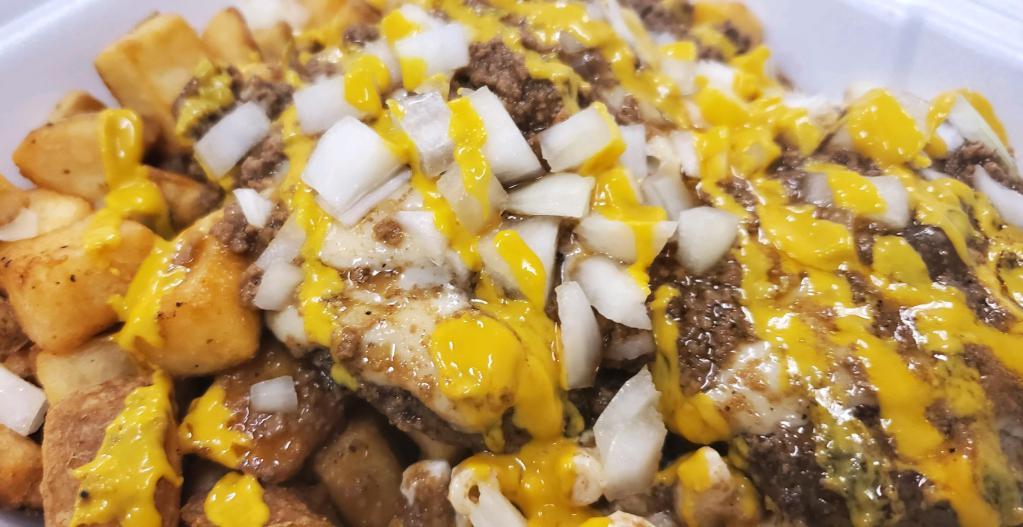 The Knuckle Plate · TRY our SPECIALTY Knuckles-plate ! Served with mac salad, seasoned home fries or baked beans, and topped with knuckles specialty meat hot sauce, onions and mustard.