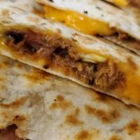 BBQ Pork Quesadilla · Grilled flour tortillas filled with melted cheddar cheese, diced jalapenos, tomatoes and oni...