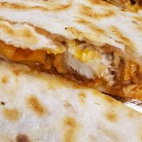 Buffalo Chicken Wing Quesadilla · Grilled flour tortillas filled with melted cheddar cheese, diced tomatoes, crumbly bleu and ...