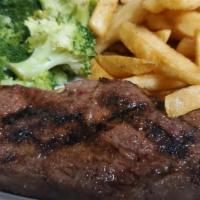 Sirloin Steak · 8 oz. sirloin steak grilled to your liking. Served with steamed broccoli and battered fries.