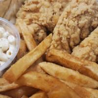 Chicken Finger Platter · Four fingers served with french fries and Mac salad, choice of dipping sauce
