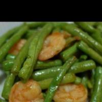 56. Baby Shrimp with String Bean · Served with white rice.