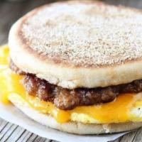 Vegan Sausage Egg and Cheese Muffin  · Dairy free, vegan, vegetarian . Vegan sausage egg and cheese muffin served with a hash brown 