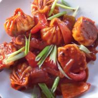 Veg Chili Momo-10pcs · Momo sauteed with bell peppers and onion in special house chili sauce. Hot and spicy.