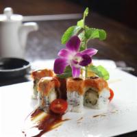 Fire Phoenix Roll · Shrimp tempura and avocado topped with spicy tuna in spicy mayo and eel sauce.