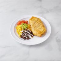 Chimichanga · Golden crispy flour tortilla stuffed with cheese and your choice of chicken, shredded or gro...