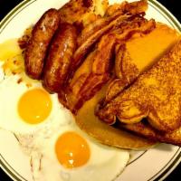 Hungryman Combo Breakfast Special · 2 pancakes, 1 French toast, 2 sausages, 2 bacon strips, 2 eggs, and home fries.