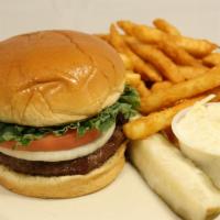 Hamburger Combo · Comes with lettuce, onion, and tomato. Coleslaw, pickle, and french fries on the side.