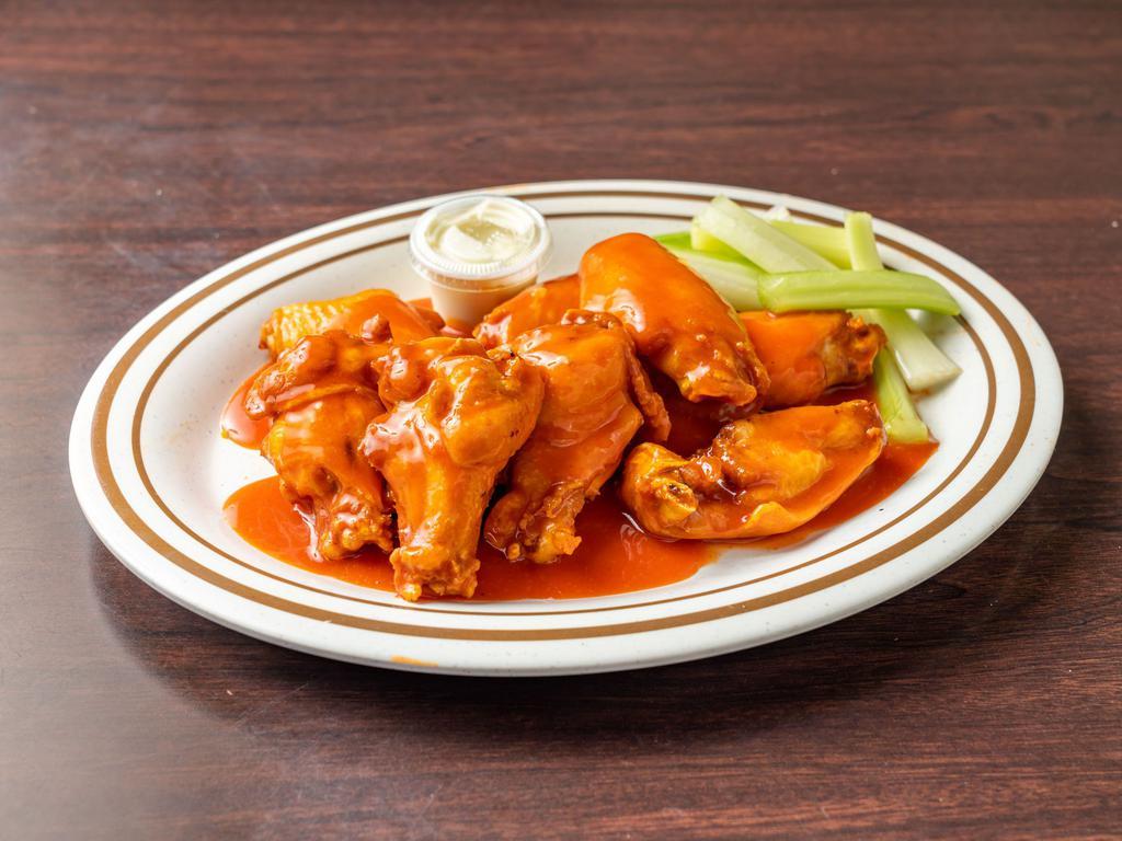 10 Authentic Buffalo Wings · Served with celery and blue cheese and choice of sauces.