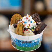 Mini Vermonster Sundae · Four scoops of ice cream topped with a brownie, a chocolate chip cookie, a banana, hot fudge...