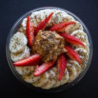 1. PB Acai Bowl · Home Made Granola, banana, strawberry, crunchy peanut butter and chia seeds.