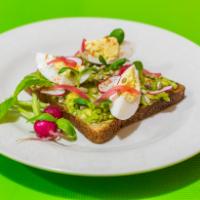 2 pcs Avocado Toast with egg · Multigrain toast, soft boiled egg, red pickled onions and sunflower sprouts.