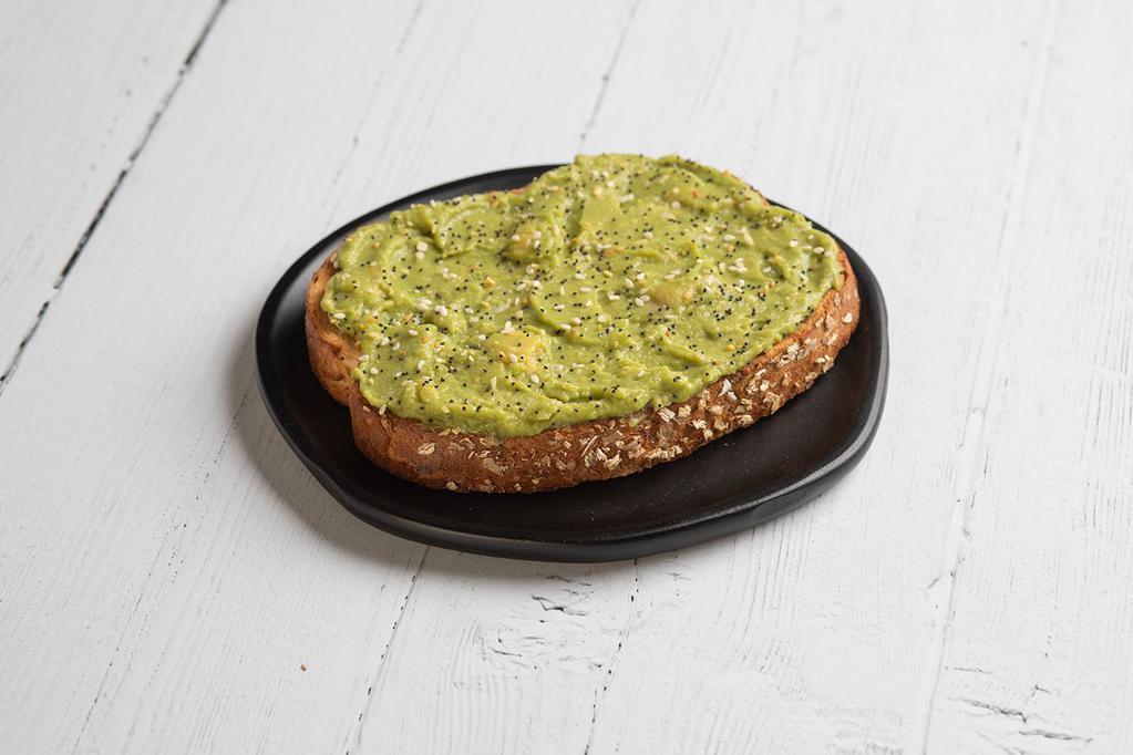 Avocado Toast · Thick wheat toast topped with 100% real avocado and everything bagel seasoning. Made with 100% plant-based ingredients.