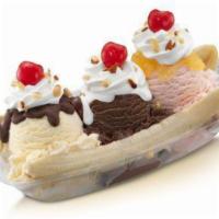 Banana Split · 3 of your favorite ice cream flavors, 2 banana slices, and your choice of wet topping, dry t...