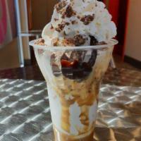 Made with Snickers Layered Sundae · 3 scoops of made with snickers ice cream topped with hot fudge, caramel and snicker pieces.