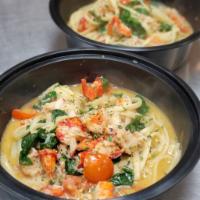 Lobster & Shrimp Scampi Linguini w/ Spinach & Tomatoes · 