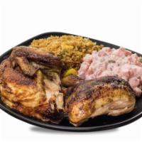 1/2 Regular · Peruvian rotisserie chicken, quarter white meat and quarter dark meat portions. Served with ...