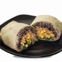 Chicken Burrito · Flour tortilla filled with pulled chicken, white rice, black beans, guacamole, sour cream, p...