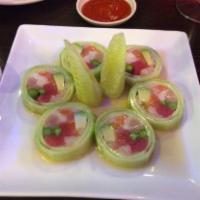 Naruto Maki · Choice of spicy tuna, yellowtail or salmon Wrapped with cucumber and no rice.(avocado with a...