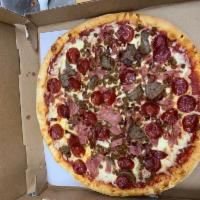 Large Meat Lovers Pizza · Pepperoni, bacon, ham, sausage, meatballs and salami.